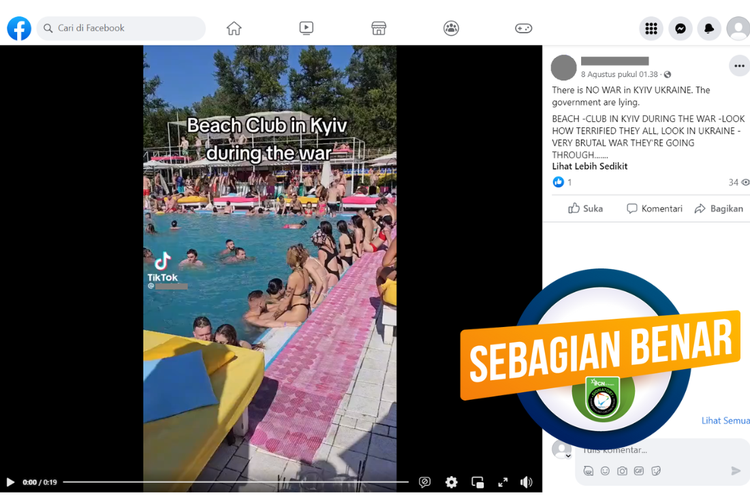 Tangkapan layar unggahan dengan narasi sebagian benar di sebuah akun Facebook, Selasa (8/8/2023), yang mengaitkan pesta musim panas dengan kebohongan pemerintah soal perang di Ukraina.