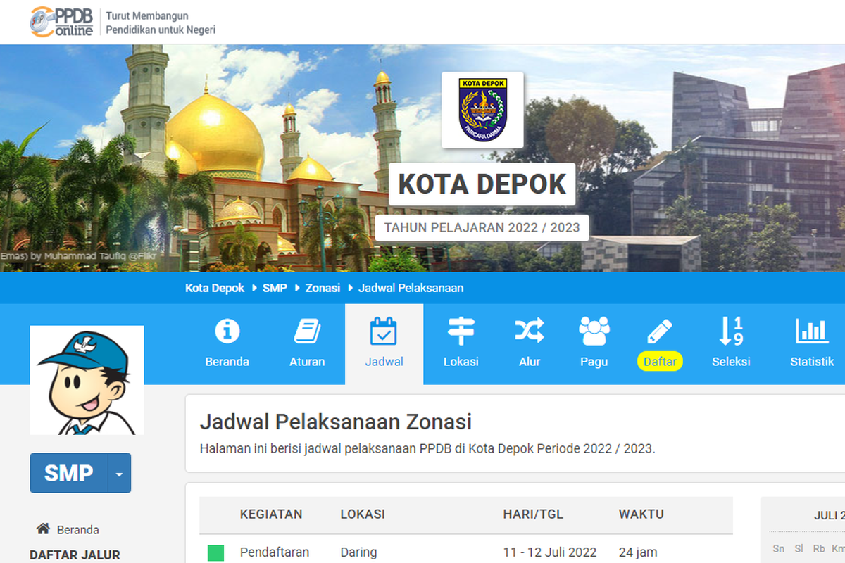 Halaman website PPDB Depok Jenjang SMP Jalur Zonasi.