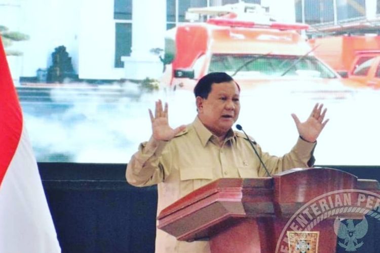 A file photo of Indonesia's Defense Minister Prabowo Subianto makes hand gestures when delivering his speech during a conference at the University of Defense in Bogor, West Java dated June 14, 2021. 