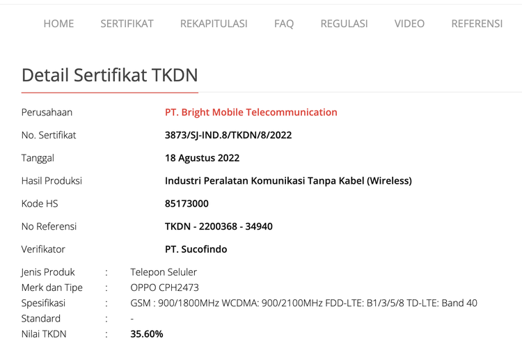 Tangkapan layar sertifikasi Oppo A77s di situs TKDN.