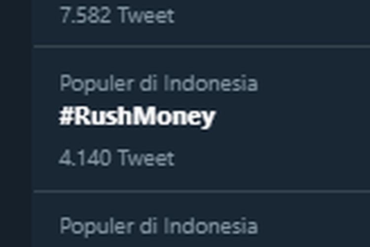 Tangkapan layar trending topik #RushMoney di Twitter pada Minggu, (13/12/2020).