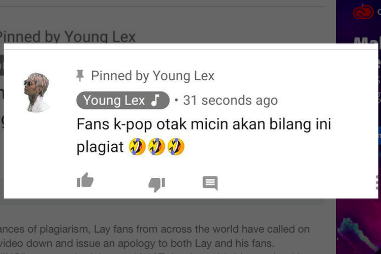 Tangkapan layar komentar Young Lex di video klip Raja Terakhir (The Last King. Sayangnya komentar tersebut telah dihapus oleh Young Lex