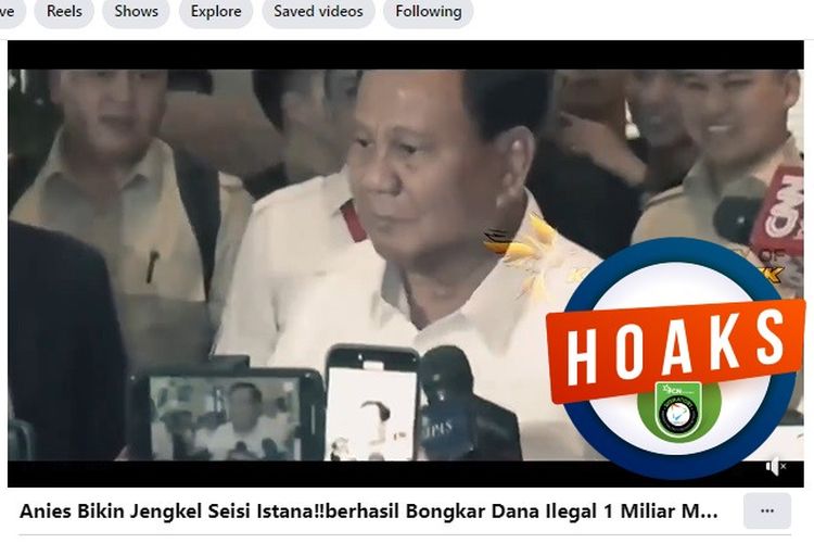 Tangkapan layar Facebook narasi yang menyebut Anies Baswedan berhasil membongkar dana ilegal Prabowo senilai Rp 1 miliar