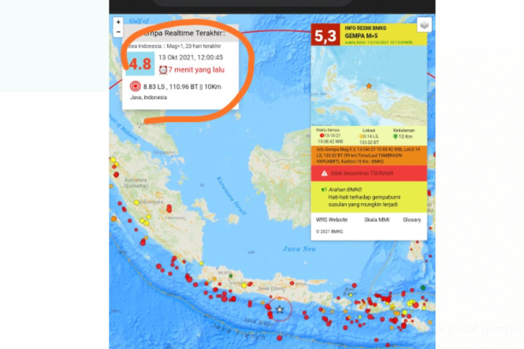 Tangkapan layar gempa bumi berkekuatan 4,8 M mengguncang Kota Pacitan, Jawa Timur pada Rabu (13/10/2021).