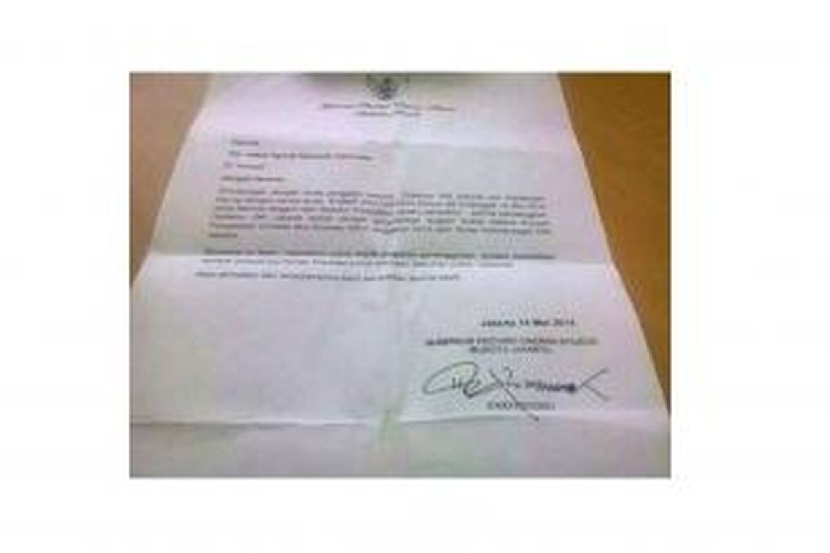 Surat yang disebut berasal dari Gubernur DKI Jakarta Joko Widodo untuk Jaksa Agung Basrief Arief.