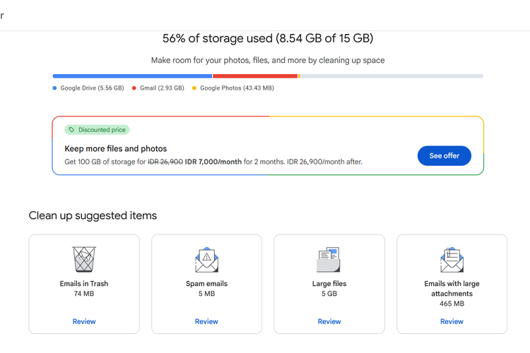 Ilustrasi cara mengatasi penyimpanan Google Drive penuh dengan menghapus data-data di penyimpanan Google sekaligus melalui Google One.