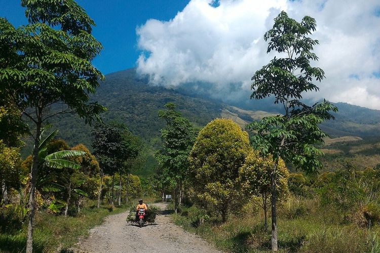 Pemandangan Gunung Ciremai yang terlihat dari jalur menuju tempat wisata Bukit Lambosir, Desa Setianegara, Kecamatan Cilimus, Kabupaten Kuningan, Jawa Barat, Kamis (31/8/2017).