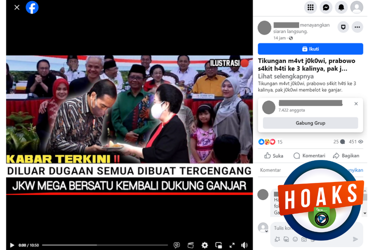 Tangkapan layar unggahan dengan narasi hoaks di sebuah akun Facebook, Jumat (8/12/2023), Jokowi dukung Ganjar Pranowo.
