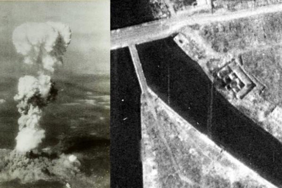 (Kiri) Salah satu foto yang diperbesar menunjukkan kubah awan jamur raksasa yang mengudara setelah jatuhnya bom atom di Hiroshima, Jepang, pada 6 Agustus 1945. 
(Kanan) Foto aerial Kota Hiroshima yang diabadikan seblan setelah jatuhnya bom atom menunjukkan kawah bom atom di sungai.  