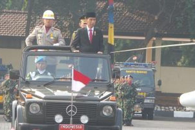 Presiden Joko Widodo menghadiri acara peringatan HUT Bhayangkara ke-69 di Mako Brimob, Kelapa dua, Depok, Rabu (1/7/2015).
