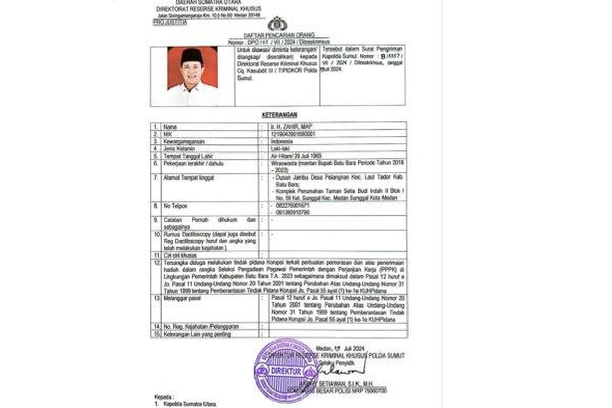 Surat penetapan mantan Bupati Batubara Zahir sebagai buronan yang dikeluarkan Kepolisian Daerah Sumatera Utara.