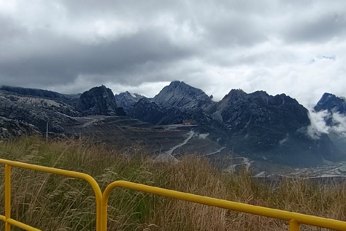 Rumputan liar tumbuh di bibir galian tambang terbuka Grasberg milik PT Freeport Indonesia di Tembagapura, Timika, Papua Tengah, Selasa (10/12/2024). Di latar belakang adalah puncak tertinggi di Indonesia Cartenz Pyramid dan di sisi kiri adalah puncak Jayawijaya.