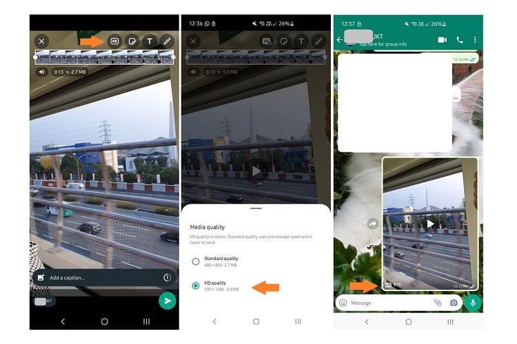 Tampilan fitur kirim foto/video HD di WhatsApp