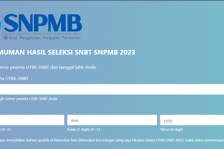 Tangkap layar portal pengumuman hasil skor UTBK SNBT 2023.