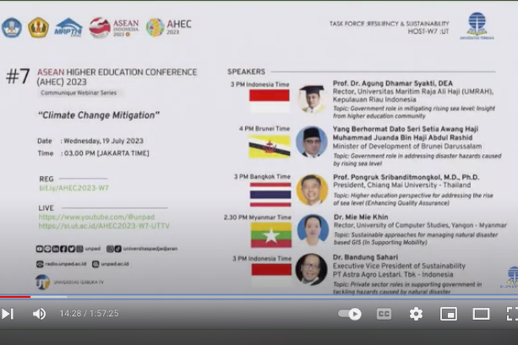 UT menjadi host ASEAN Higher Education Conference (AHEC) menggelar Communique Webinar Series #7 secara daring pada 19 Juli 2023 dengan mengangkat isu utama mitigasi perubahan iklim.