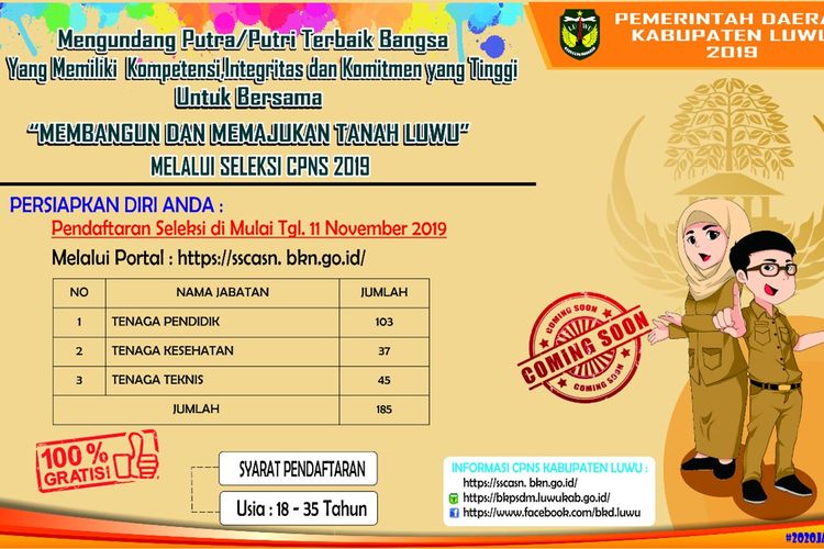 Pemerintah Kabupaten Luwu, Sulawesi Selatan akan membuka penerimaan CPNS sebanyak 185 formasi, Jumat (01/11/2019)