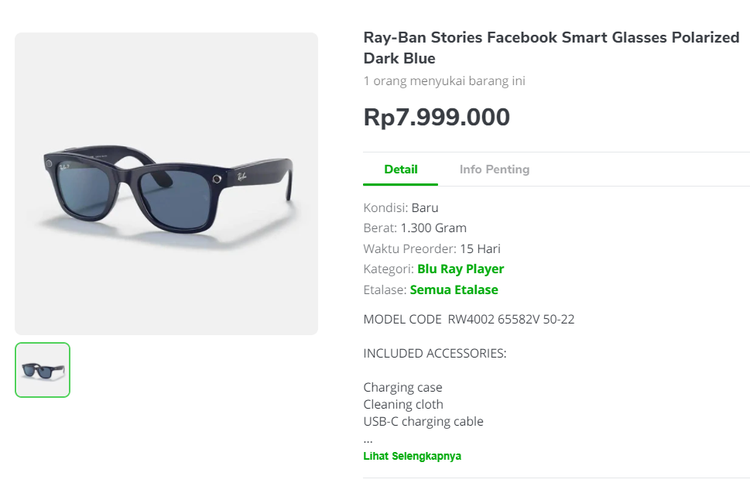 Toko di salah satu e-commerce lokal yang menjual kacamata pintar Ray-Ban Stories.