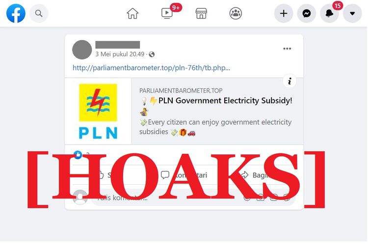 Tangkapan layar unggahan hoaks di sebuah akun Facebook, terkait subsidi listrik dari PLN yang beredar melalui tautan.