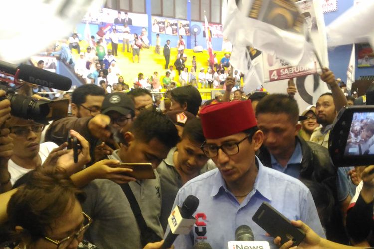 Calon wakil presiden nomor urut 02, Sandiaga Uno, di GOR Jakarta Utara, Senin (25/3/2019).  