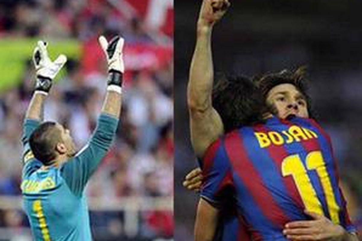 Kiper Barcelona, Victor Valdes (kiri), merayakan gol Lionel Messi (mengangkat tangan, kanan), ke gawang Sevilla, dalam lanjutan Divisi Primera, Sabtu (8/5/2010).