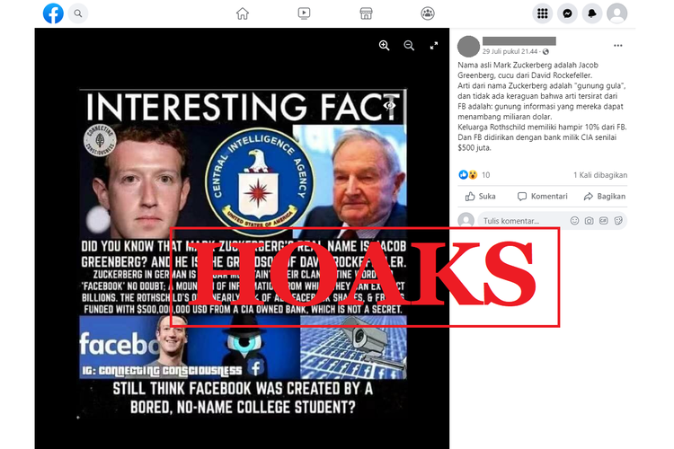Tangkapan layar unggahan hoaks di sebuah akun Facebook, 29 Juli 2022, yang mengeklaim nama asli Mark Zuckerberg adalah Jacob Greenberg.