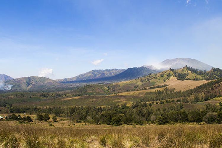 Kawah Wurung di Bondowoso yang menawarkan hamparan padang rumput dan deretan pegunungan.