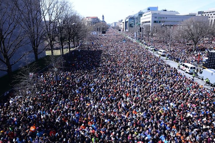 Kerumunan warga Amerika Serikat dan para selebriti menghadiri March for Our Lives Rally pada Sabtu (24/3/2018) di Washingto, DC. (AFP/Shannon Finney)
