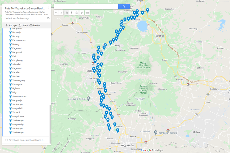 Rute Tol Yogyakarta-Bawen berdasarkan data rencana pembebasan lahan yang dipublikasikan Pemerintah Provinsi Jawa Tengah dan Pemerintah Provinsi Daerah Istimewa Yogyakarta.