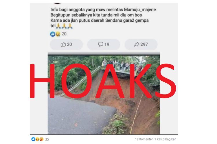 Tangkapan layar unggahan hoaks dengan klaim jalan di daerah Sendana, Majene, Sulawesi Barat putus.