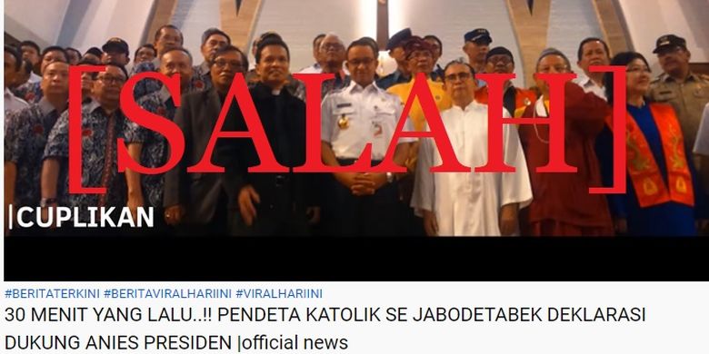 Tangkapan layar video di YouTube yang menyebutkan bahwa pendeta Katolik se Jabodetabek mendeklarasikan Anies sebagai calon presiden