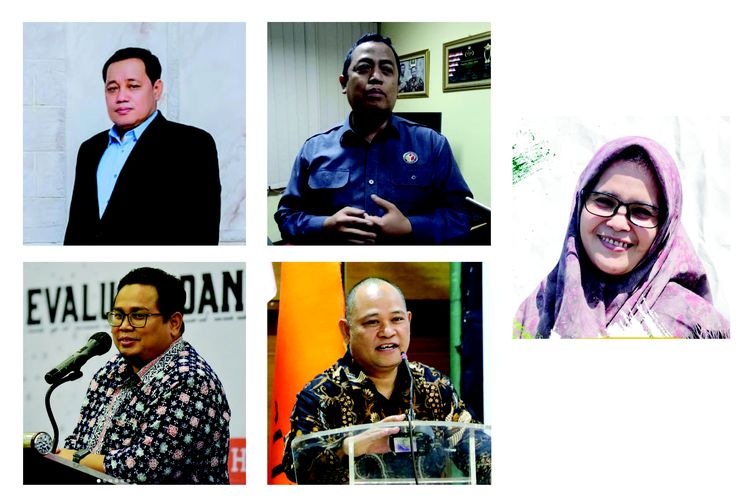 Komisioner Bawaslu 2022-2027, Herwyn Jefler Hielsa Malonda (kiri atas), Puadi (kedua atas), Rahmat Bagja (kiri bawah), Totok Hariyono (kedua bawah), Lolly Suhenty (kanan).