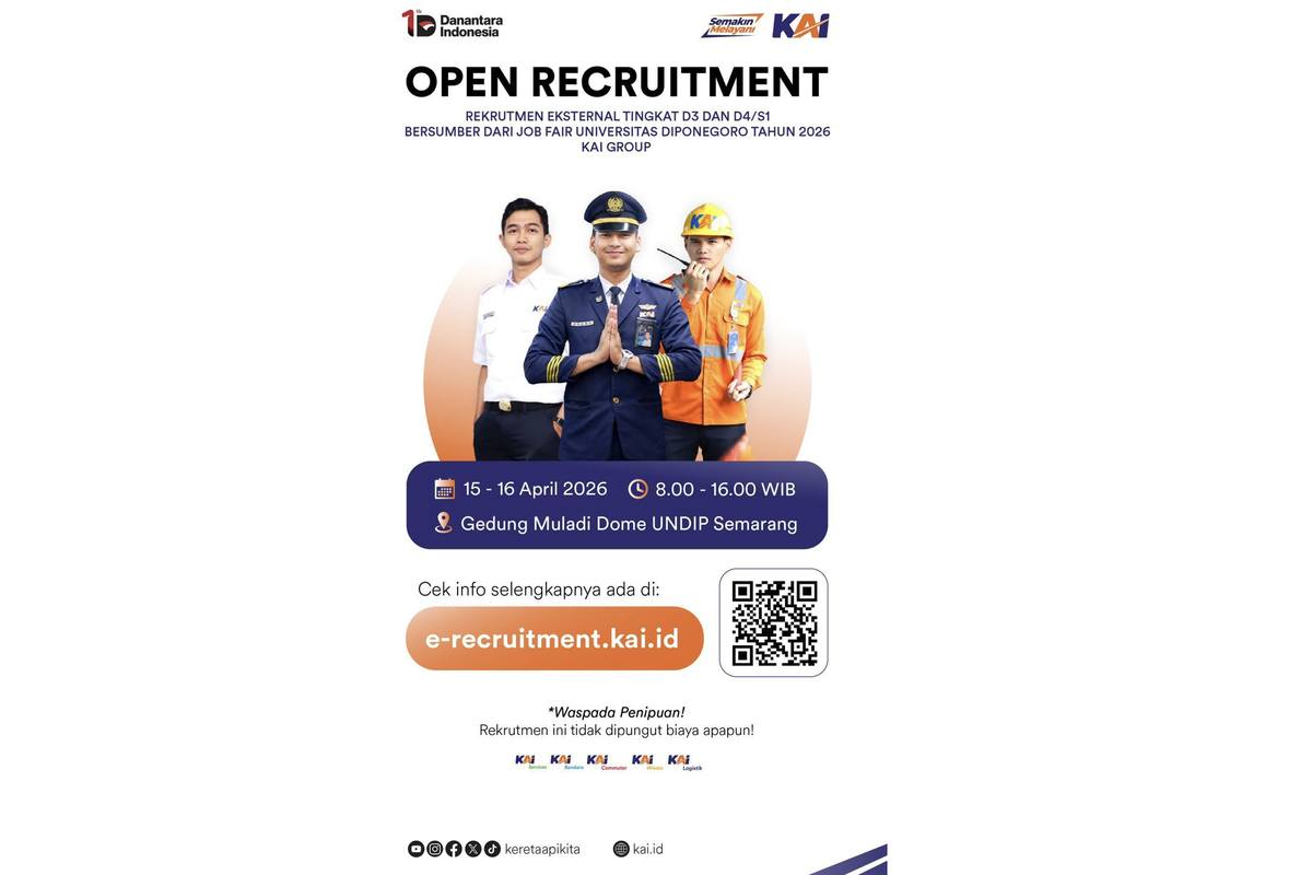 KAI Buka Lowongan Kerja di Job Fair Undip 15–16 April 2026, Ini Posisi dan Cara Daftarnya