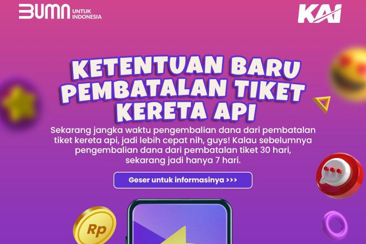 Ketentuan pengembalian dana pembatalan tiket kereta api dilakukan tujuh hari setelah tiket dibatalkan [Dok. KAI].