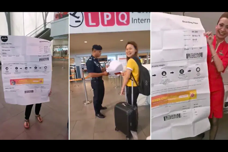 Tangkapan layar video prank, penumpang ini diberikan cetak boarding pass ukuran jumbo oleh temannya.