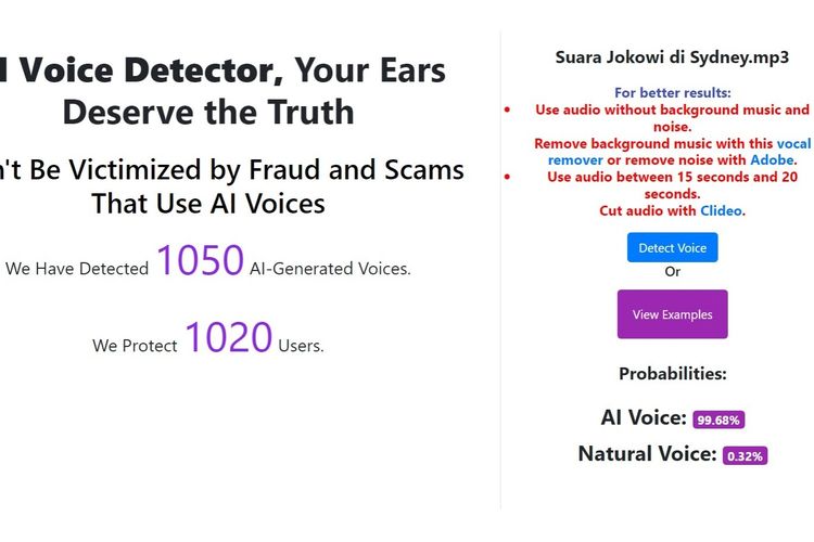 Tangkapan layar pendeteksi suara di AI Voice Detector, menampilkan hasil suara Jokowi menyanyikan lagu Di Saat Kau Harus Memilih di Sydney merupakan suara yang dibuat dengan AI.
