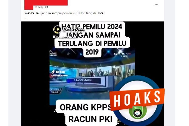 Tangkapan layar Facebook narasi yang menyebut petugas KPPS di Pemilu 2019 meninggal karena diracun PKI 