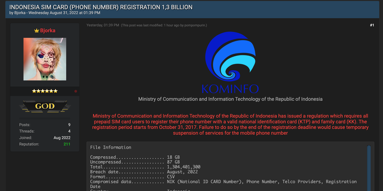 Data 1,3 miliar nomor seluler pengguna di Indonesia diduga bocor dan dijual Rp 745 juta di forum online.