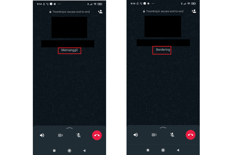 Ilustrasi status telepon WhatsApp di Android yang tetap memiliki status memanggil ketika menghubungi nomor tidak aktif (kiri) dan berdering ketika nomor aktif (kanan).