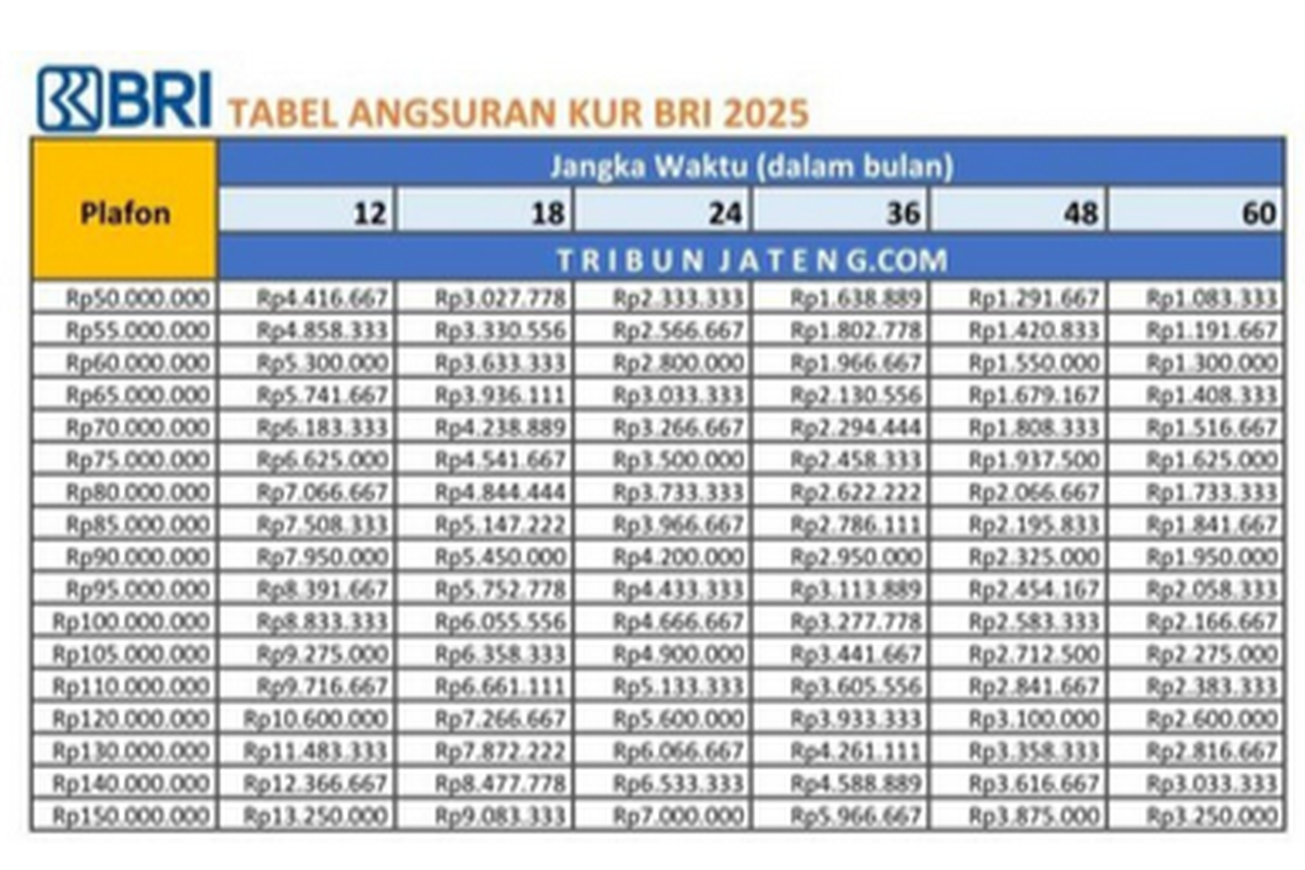 Tabel KUR BRI 2025 Pinjaman Rp 1 Juta–150 Juta, Cek Angsuran per Bulan Sesuai Tenor