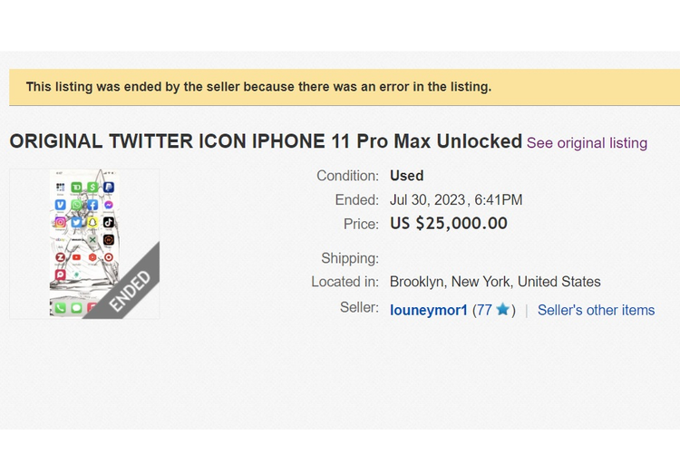 Ilustrasi iPhone dengan logo Twitter asli (bukan X) dijual dengan harga tinggi di eBay.