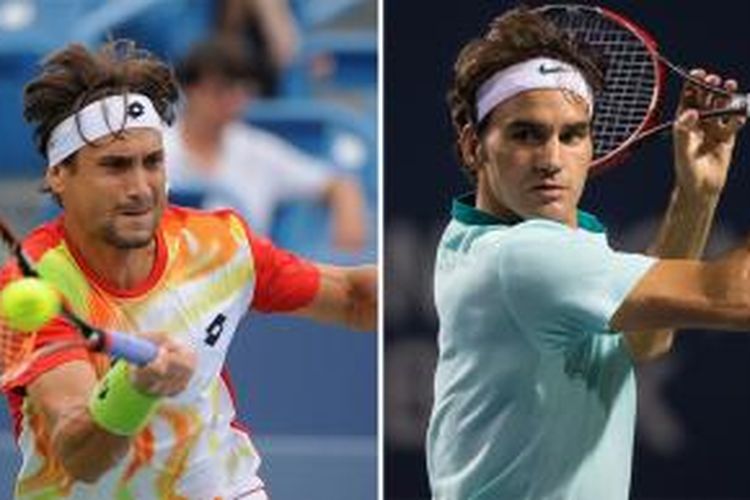 Petenis Spanyol, David Ferrer (kiri), dan petenis Swiss, Roger Federer.