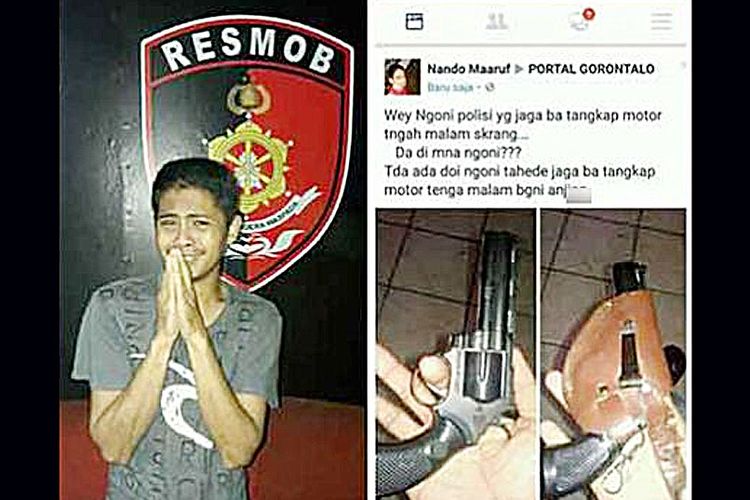 NM warga Kota Gorontalo menangis saat dipanggil polisi untuk dikonfirmasi atas ujaran kebencian yang ia unggah di Facebook