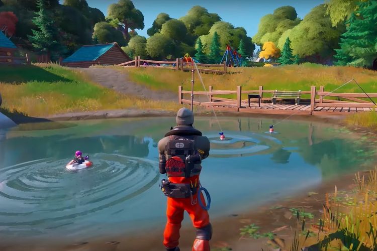 Fitur terbaru di peta Fortnite Chapter 2, pemain bisa memancing ikan di kolam.