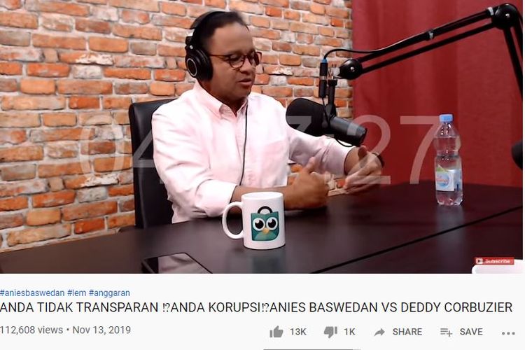 Bidik layar Gubernur DKI Jakarta Anies Baswedan mengklarifikasi soal anggaran janggal APBD DKI 2020 di YouTube Deddy Corbuzier.