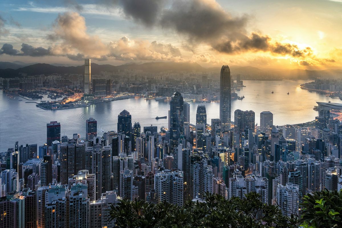 Ilustrasi pemandangan kota Hong Kong. 