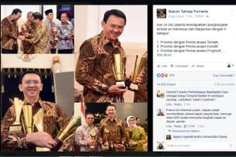 Gubernur DKI Jakarta Basuki Tjahaja Purnama menerima penghargaan untuk Pemprov DKI Jakarta yang diserahkan oleh Bappenas di Istana, Rabu (11/5/2016).