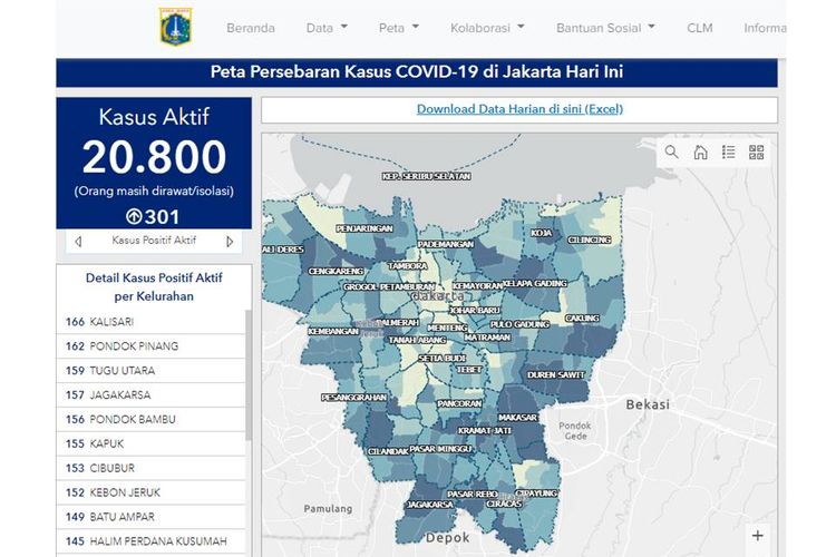 Tangkapan layar peta persebaran kasus Covid-19 di DKI Jakarta.