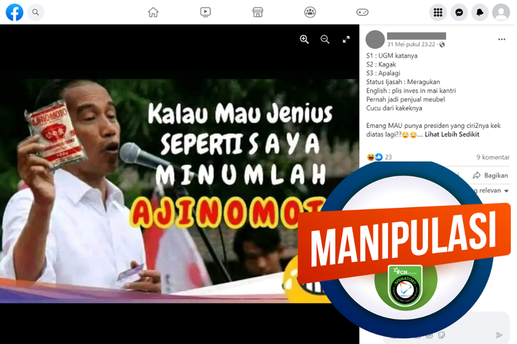 Tangkapan layar konten manipulasi di sebuah akun Facebook, 31 Mei 2023, soal foto Jokowi menganjurkan minum penyedap rasa agar genius.