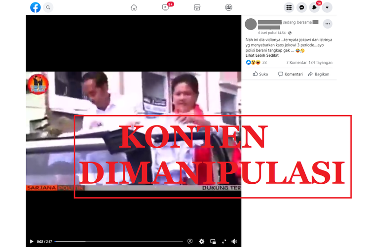 Tangkapan layar unggahan menyesatkan di sebuah akun Facebook, Senin (6/6/2022), soal video Jokowi dan Iriana membagi kaus bertuliskan tiga periode.