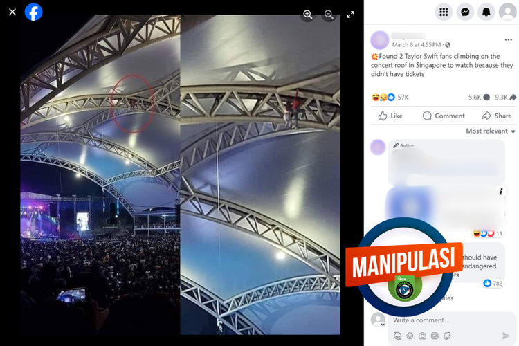 Tangkapan layar konten manipulasi di sebuah akun Facebook, Jumat, 8 Maret 2024 soal penggemar Taylor Swift yang menaiki atap gedung konser demi menonton idolanya.
